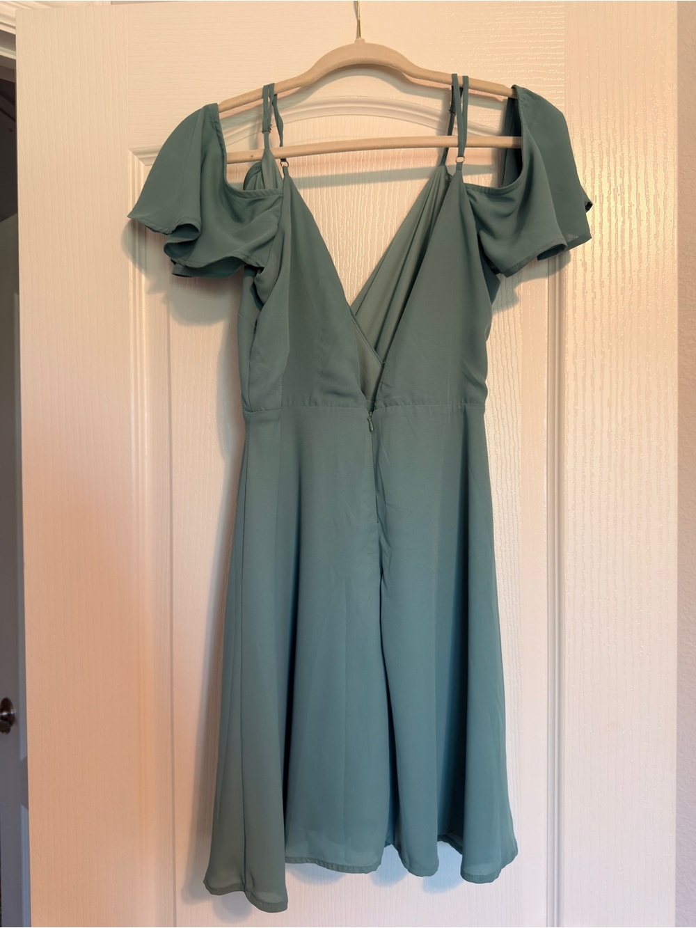 Sage Green Cold-Shoulder V-Neck Mini Dress - Picture 3 of 3